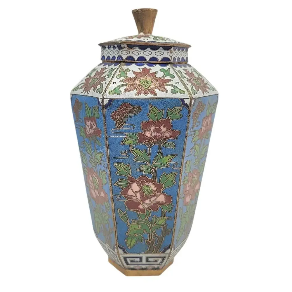 Vintage Chinese Cloisonné Blue Peony Butterfly Hexagonal Lidded Ginger Jar Decor
